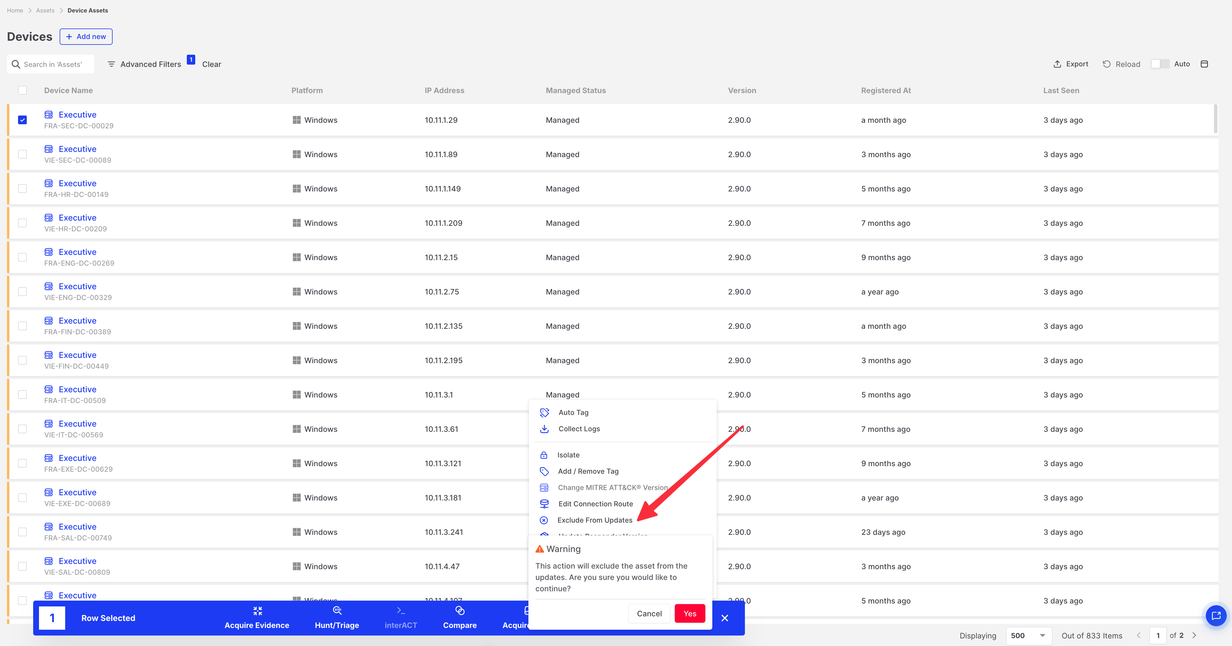 Responder Updates: Exclude assets from updates via bulk actions